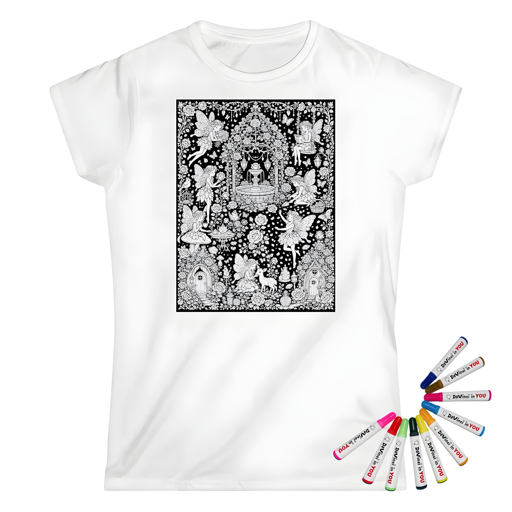Fairy Rose Garden Womens T-Shirt coloring kit mockup with white base, cotton, and graphic print