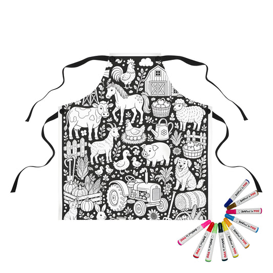 Farmyard Friends Harvest Apron coloring kit mockup with polyester and graphic print