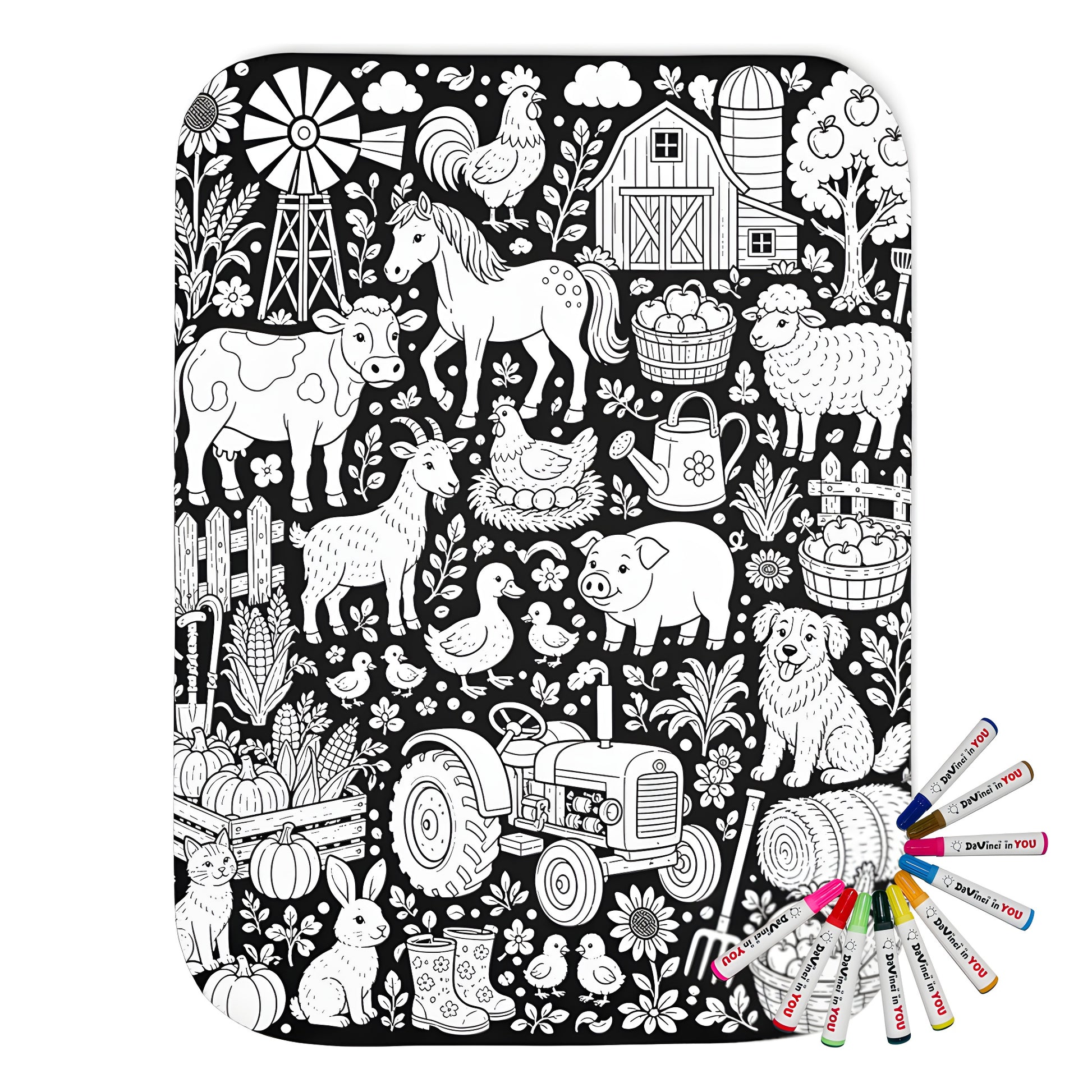 Farmyard Friends Harvest Sherpa Blanket coloring kit mockup with polyester and graphic print