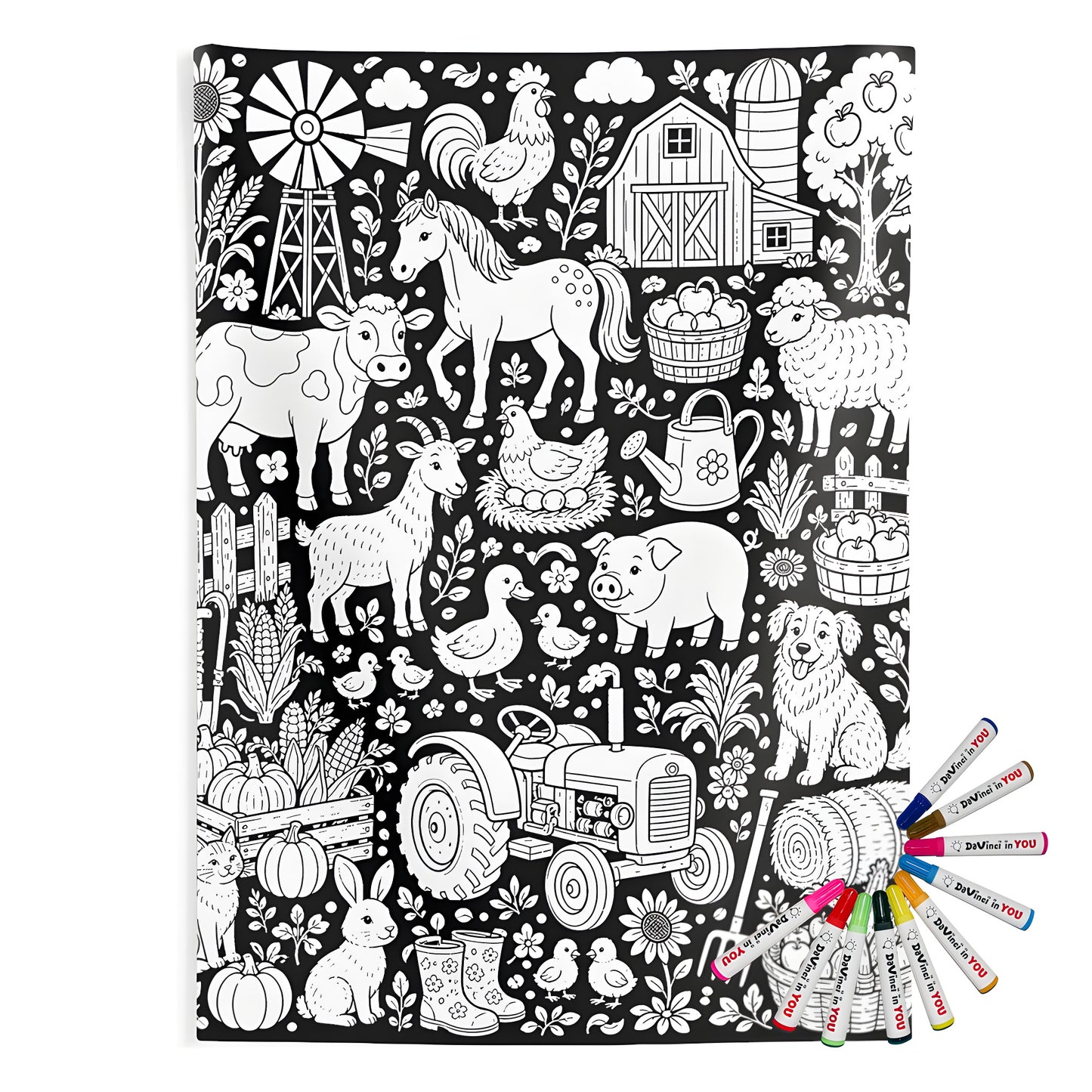 Farmyard Friends Harvest Indoor Wall Tapestry coloring kit mockup with polyester and graphic print