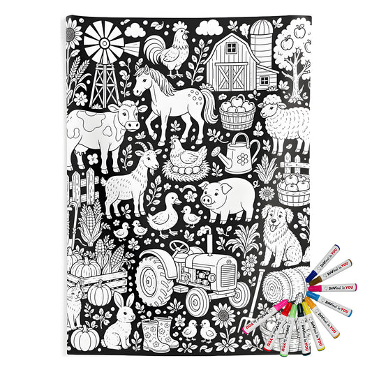 Farmyard Friends Harvest Indoor Wall Tapestry coloring kit mockup with polyester and graphic print