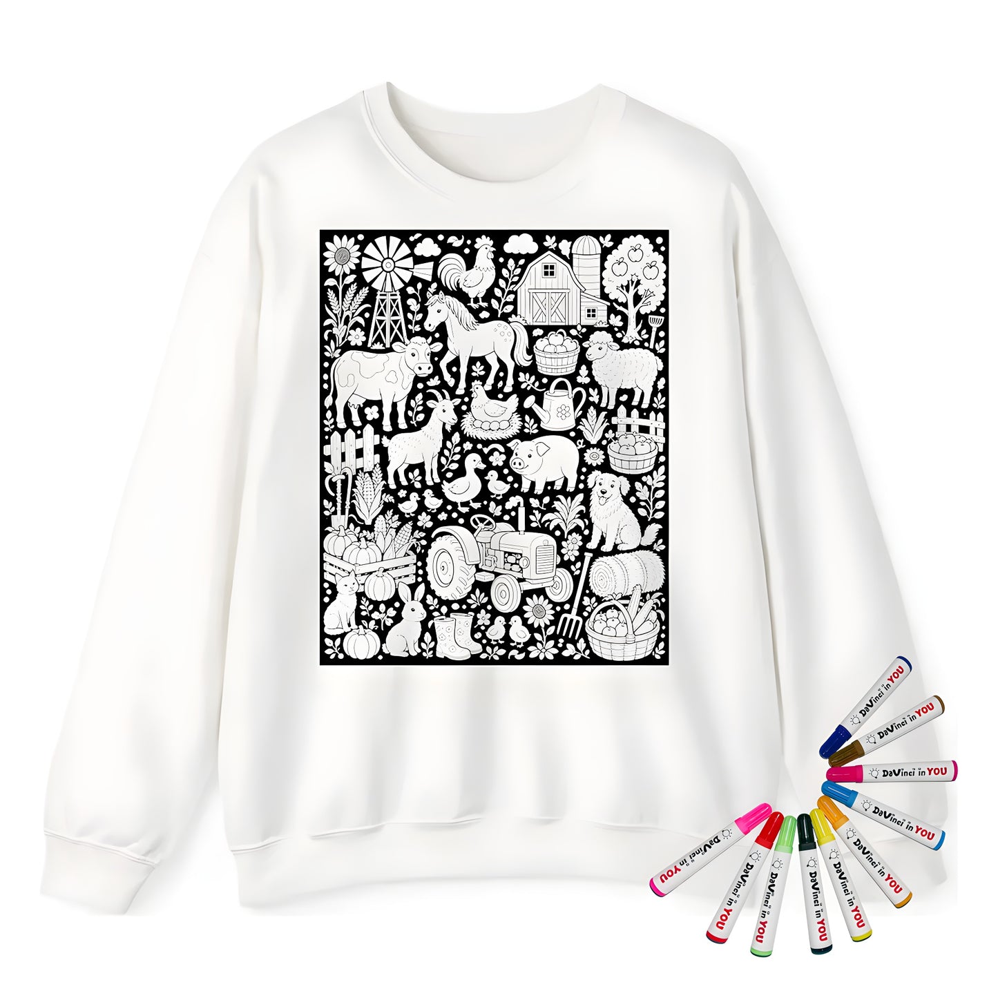 Farmyard Friends Harvest Adult Crewneck Sweatshirt coloring kit mockup with white base, cotton/polyester blend, and graphic print