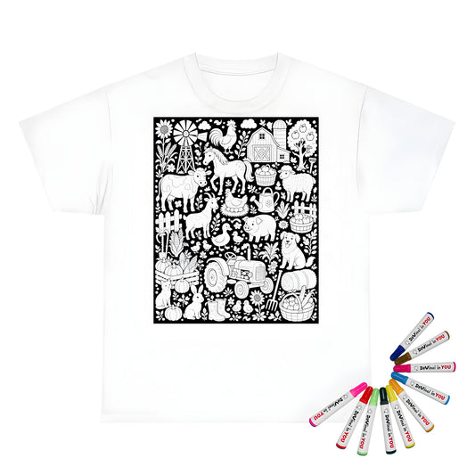 Farmyard Friends Harvest Kids T-Shirt coloring kit mockup with white base, cotton, and graphic print