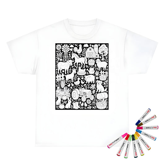 Farmyard Friends Harvest Unisex T-Shirt coloring kit mockup with white base, cotton, and graphic print