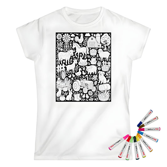 Farmyard Friends Harvest Womens T-Shirt coloring kit mockup with white base, cotton, and graphic print
