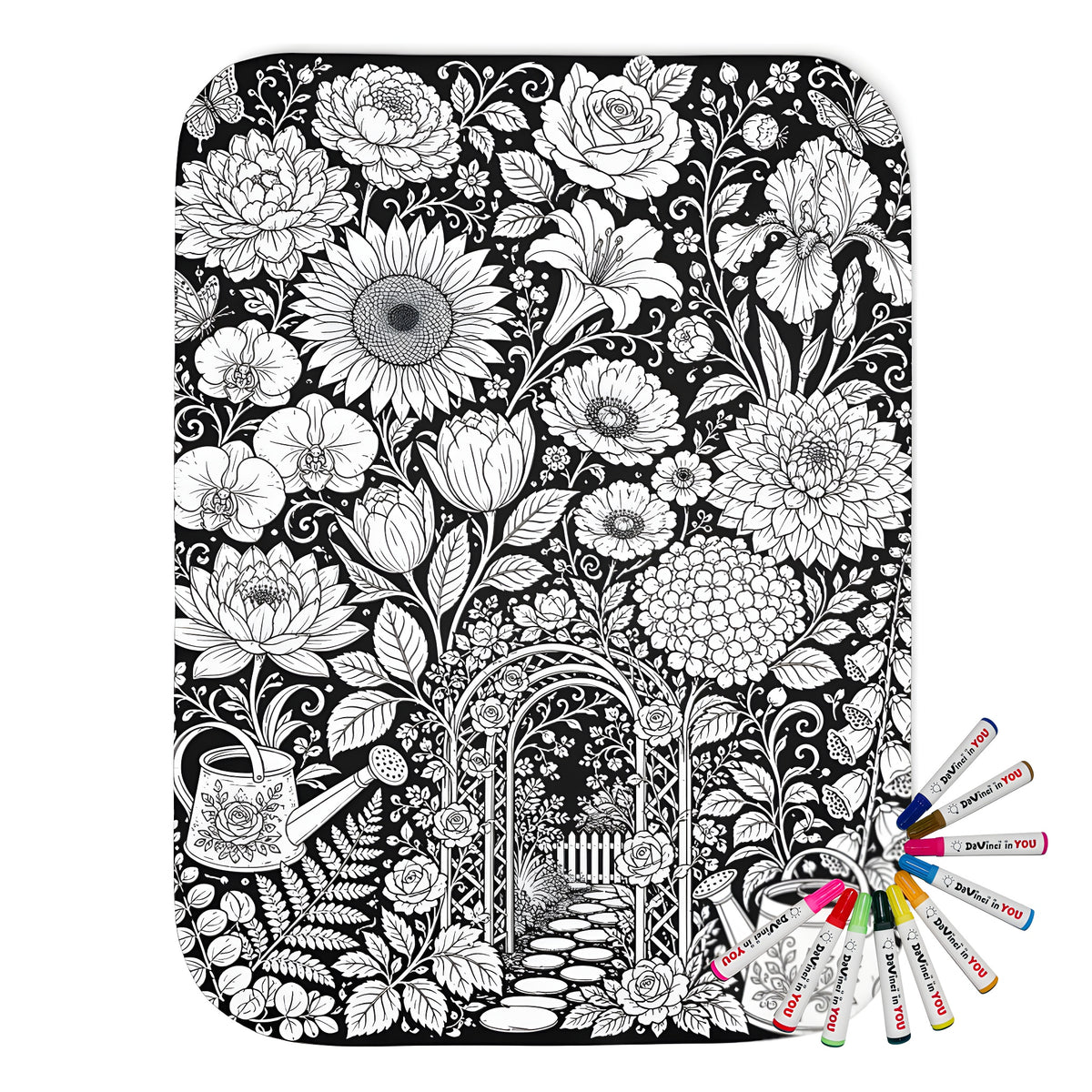 Garden Arbor Blooms Sherpa Blanket coloring kit mockup with polyester and graphic print