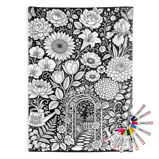 Garden Arbor Blooms Indoor Wall Tapestry coloring kit mockup with polyester and graphic print