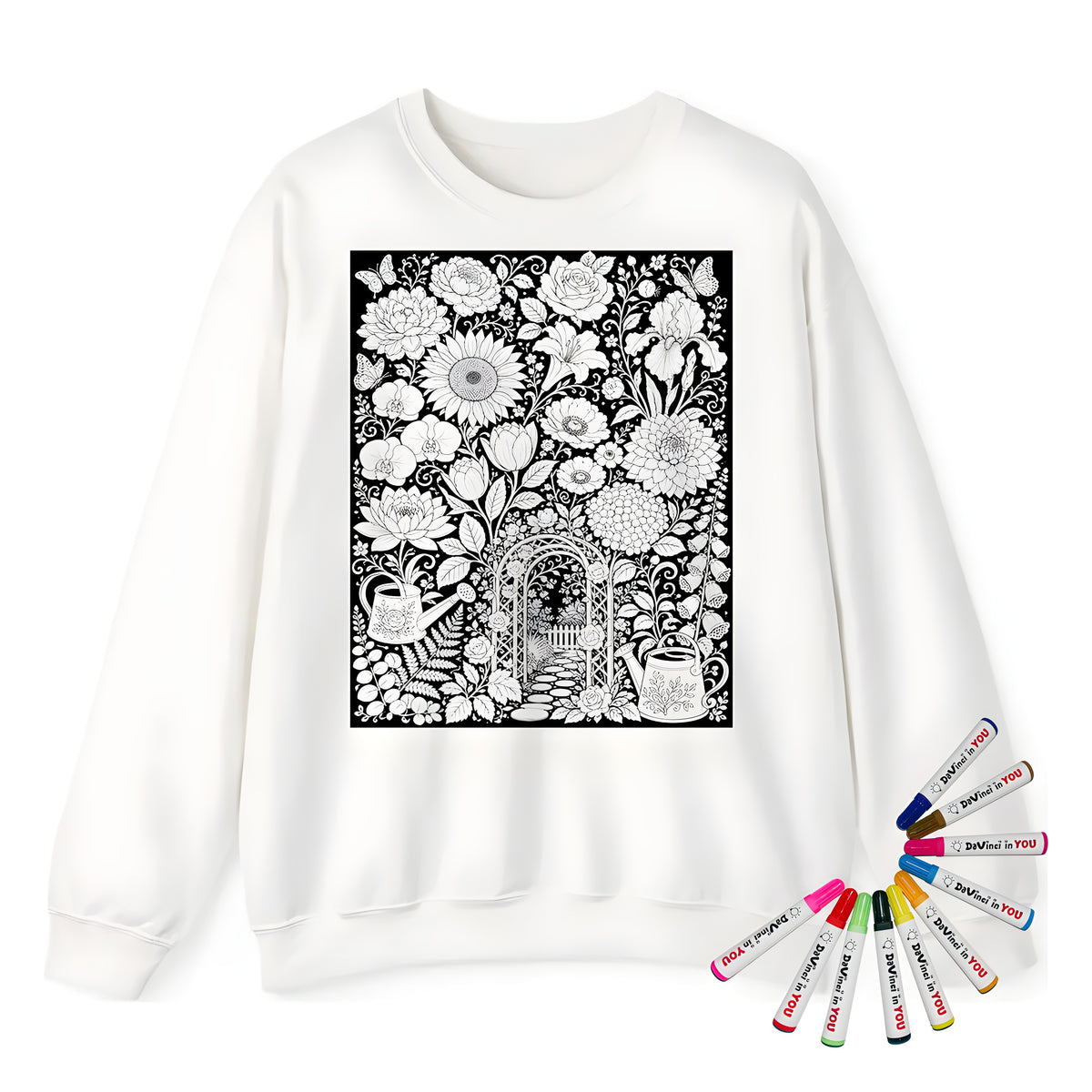 Garden Arbor Blooms Adult Crewneck Sweatshirt coloring kit mockup with white base, cotton/polyester blend, and graphic print