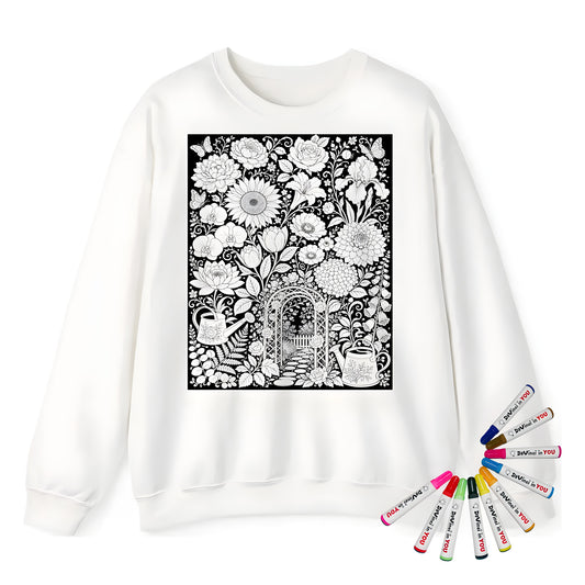 Garden Arbor Blooms Adult Crewneck Sweatshirt coloring kit mockup with white base, cotton/polyester blend, and graphic print