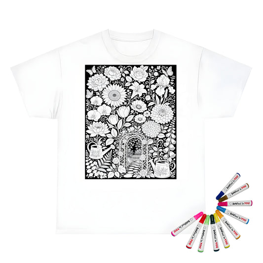 Garden Arbor Blooms Kids T-Shirt coloring kit mockup with white base, cotton, and graphic print