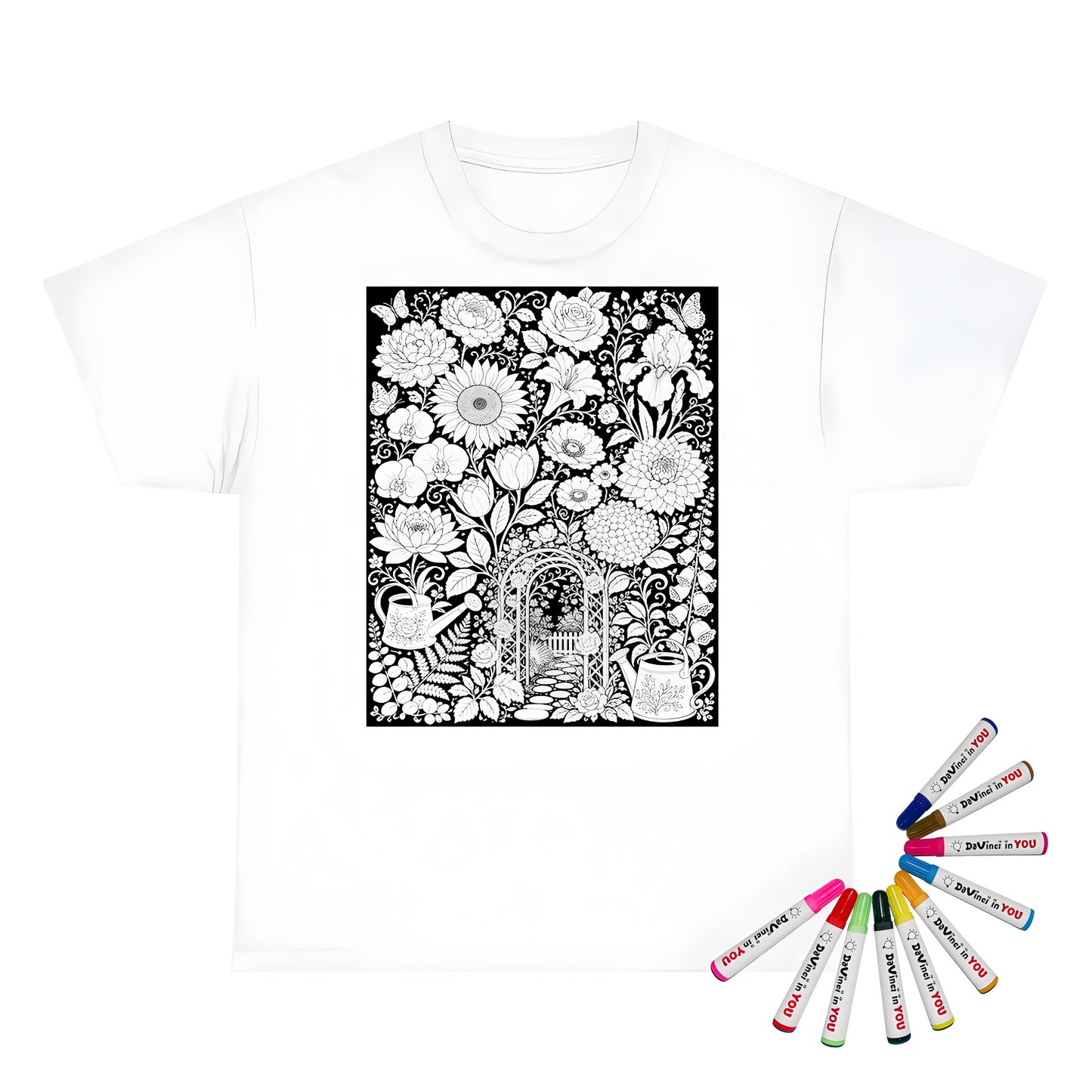 Garden Arbor Blooms Unisex T-Shirt coloring kit mockup with white base, cotton, and graphic print