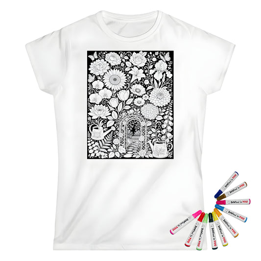 Garden Arbor Blooms Womens T-Shirt coloring kit mockup with white base, cotton, and graphic print
