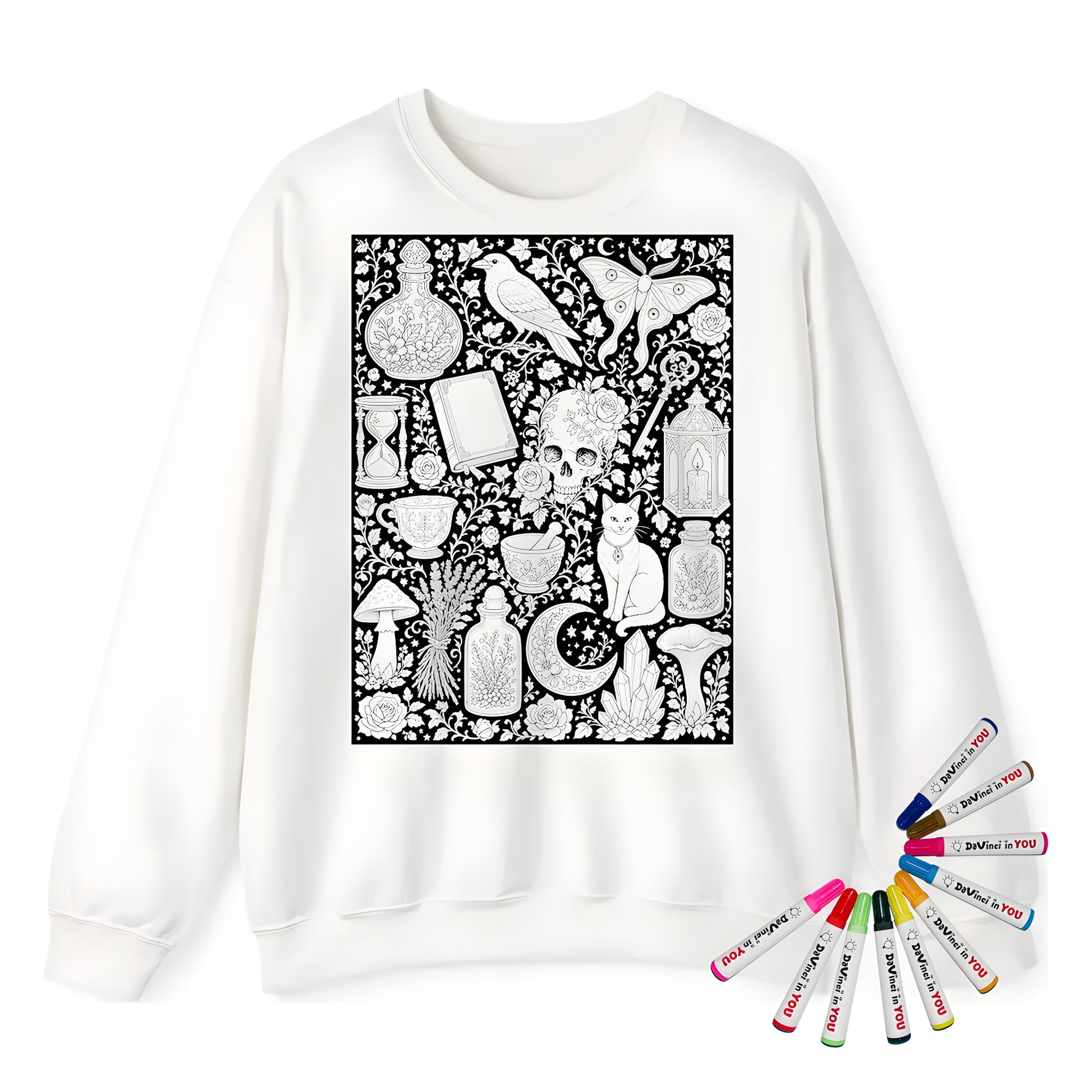 Gothic Apothecary Adult Crewneck Sweatshirt coloring kit mockup with white base, cotton/polyester blend, and graphic print