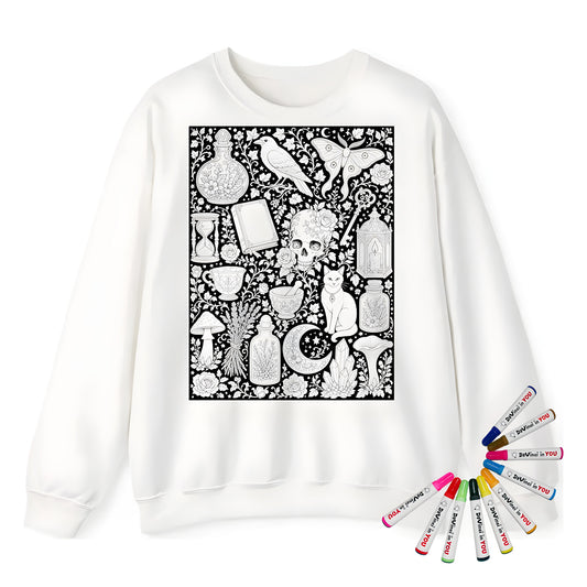 Gothic Apothecary Adult Crewneck Sweatshirt coloring kit mockup with white base, cotton/polyester blend, and graphic print