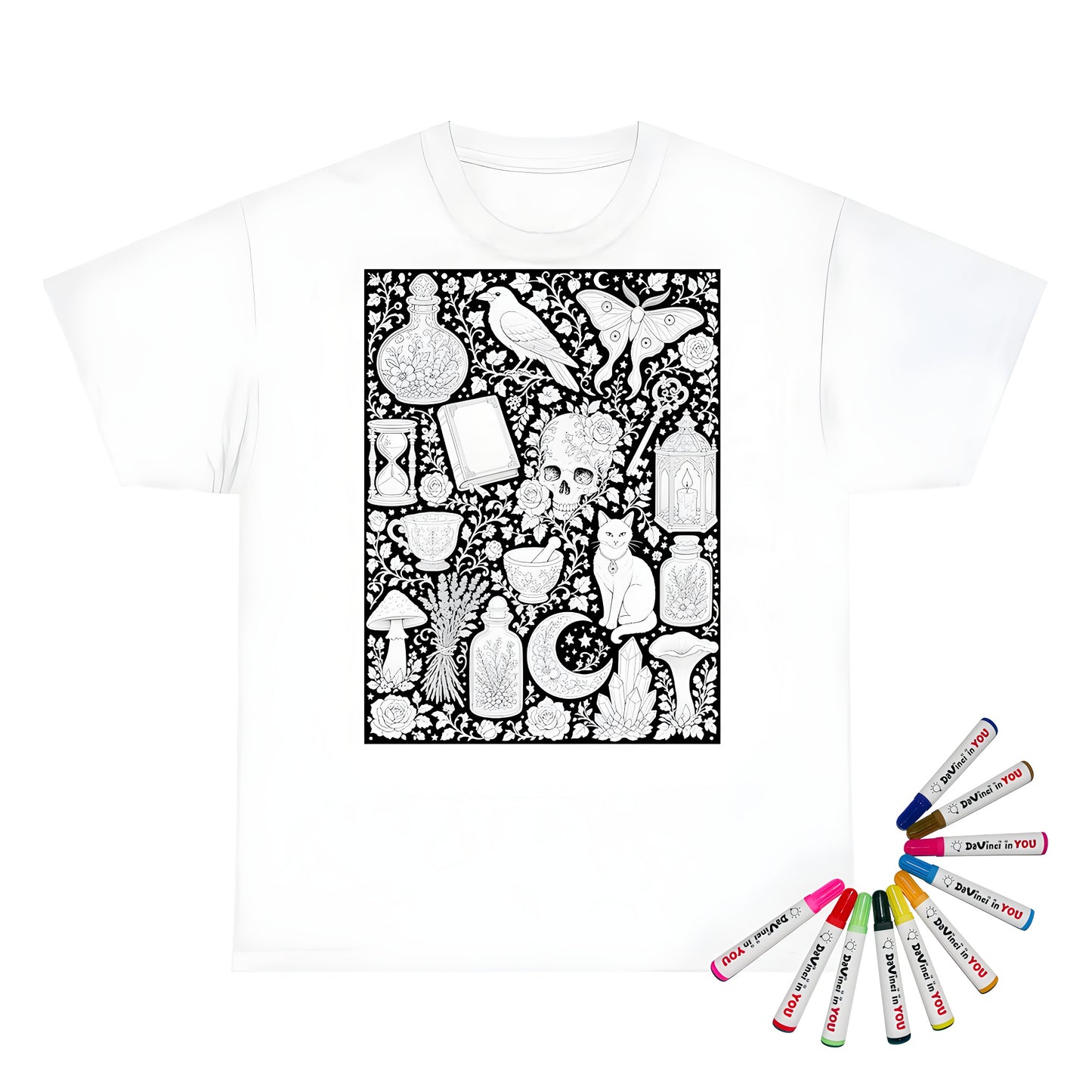 Gothic Apothecary Kids T-Shirt coloring kit mockup with white base, cotton, and graphic print