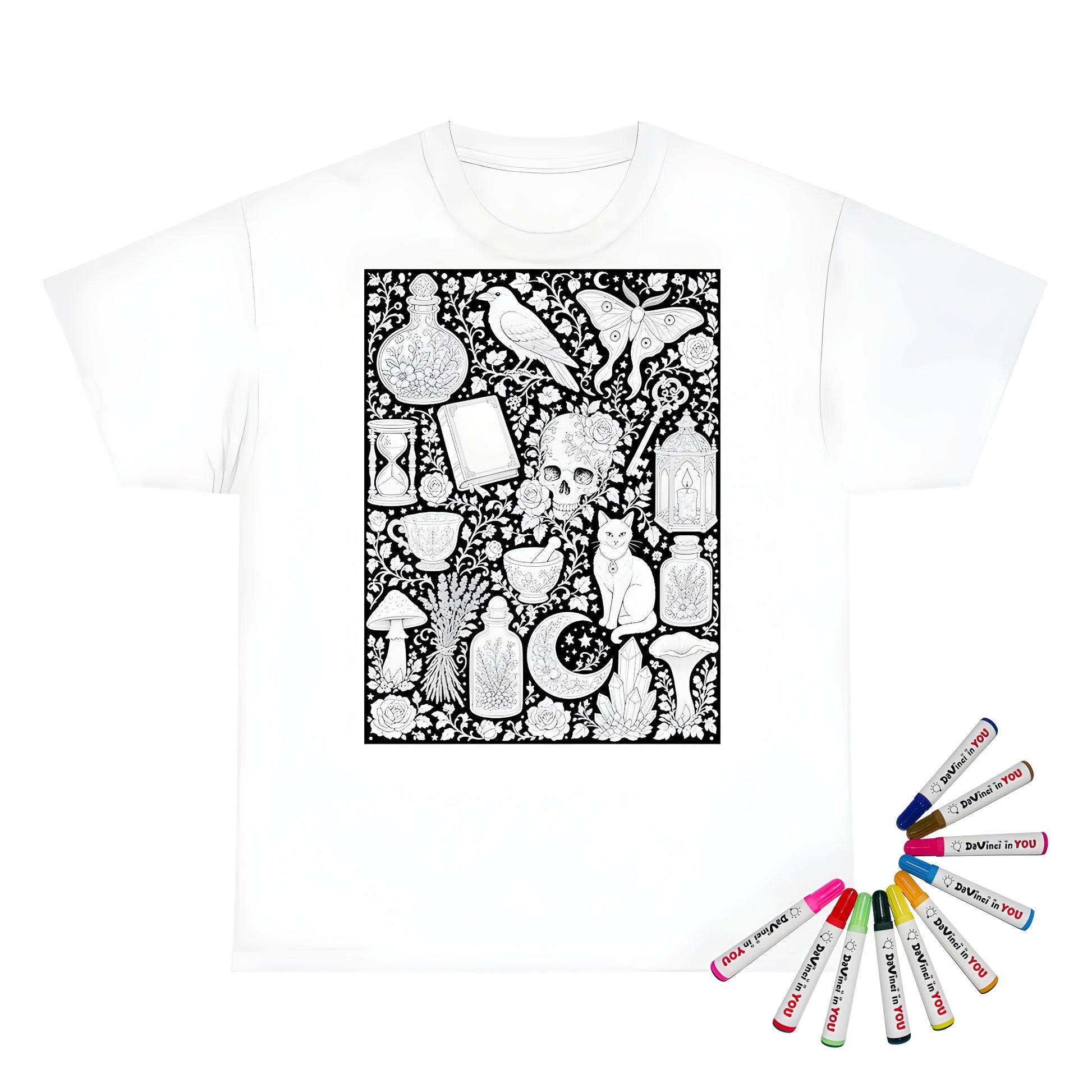 Gothic Apothecary Kids T-Shirt coloring kit mockup with white base, cotton, and graphic print