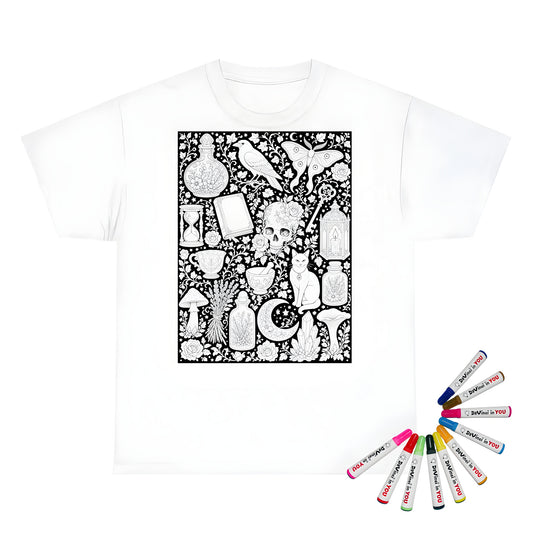 Gothic Apothecary Kids T-Shirt coloring kit mockup with white base, cotton, and graphic print