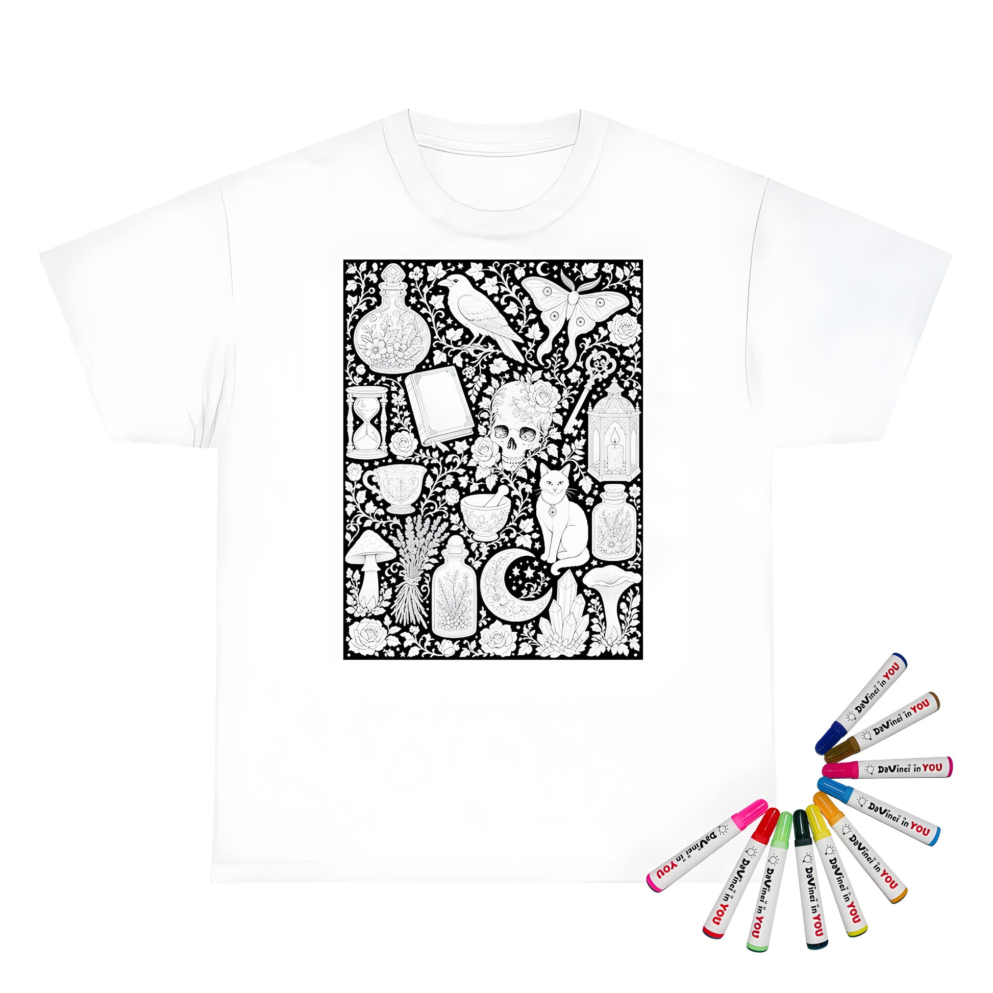 Gothic Apothecary Unisex T-Shirt coloring kit mockup with white base, cotton, and graphic print