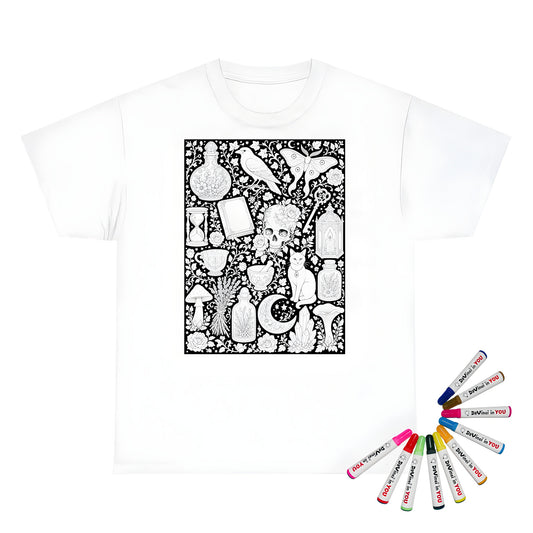 Gothic Apothecary Unisex T-Shirt coloring kit mockup with white base, cotton, and graphic print