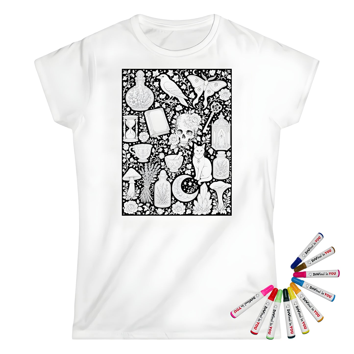 Gothic Apothecary Womens T-Shirt coloring kit mockup with white base, cotton, and graphic print
