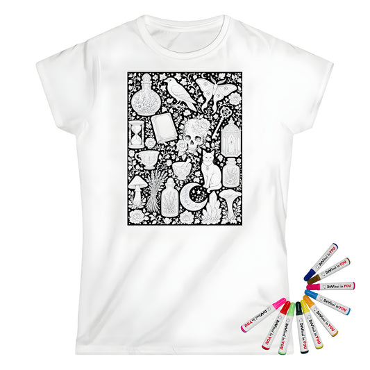 Gothic Apothecary Womens T-Shirt coloring kit mockup with white base, cotton, and graphic print