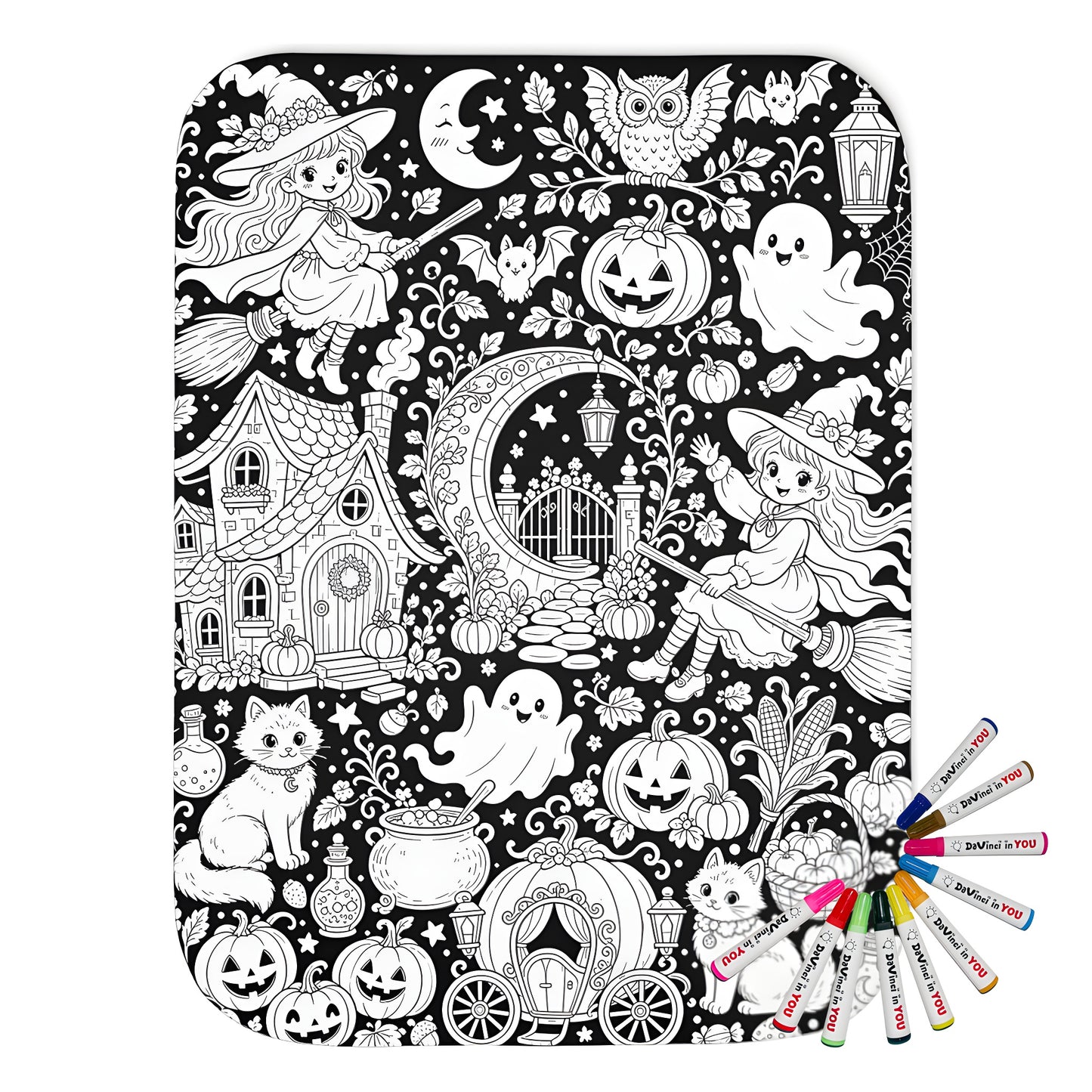 Halloween Witch Magic Sherpa Blanket coloring kit mockup with polyester and graphic print