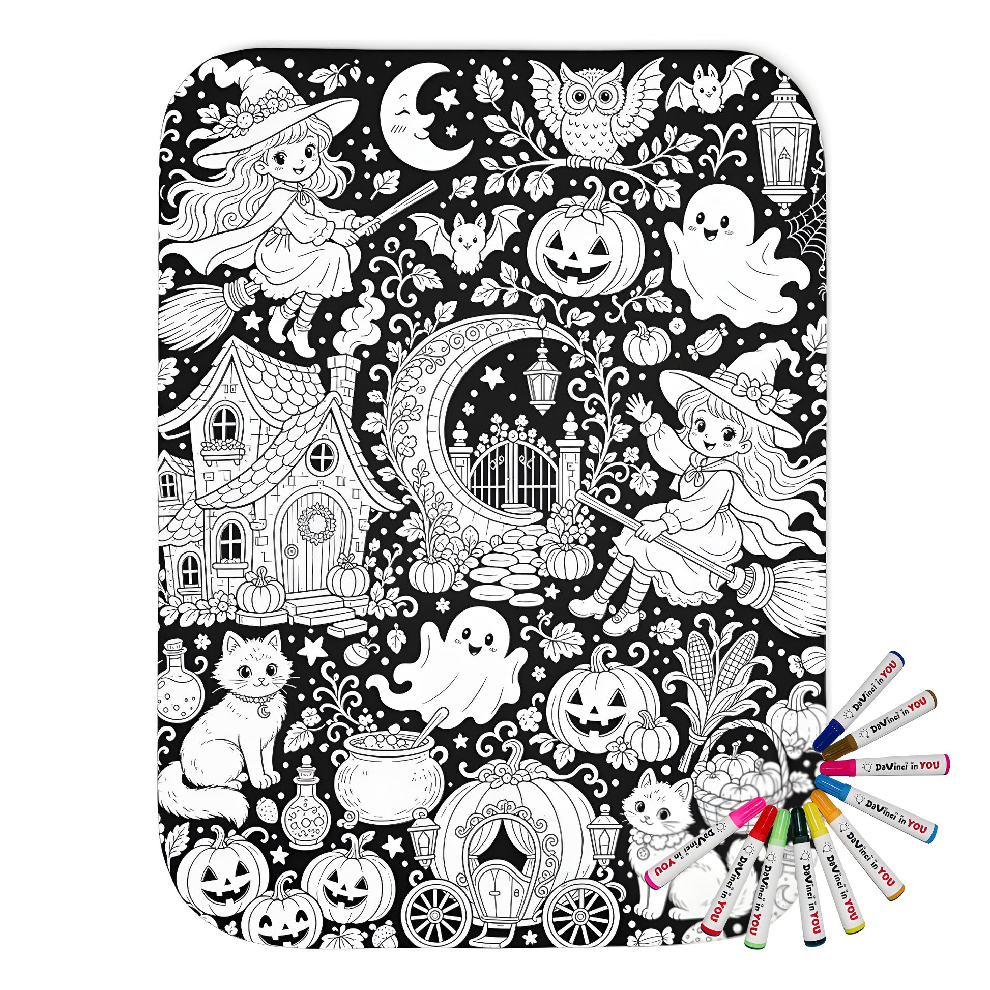 Halloween Witch Magic Sherpa Blanket coloring kit mockup with polyester and graphic print