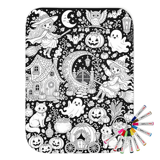 Halloween Witch Magic Sherpa Blanket coloring kit mockup with polyester and graphic print