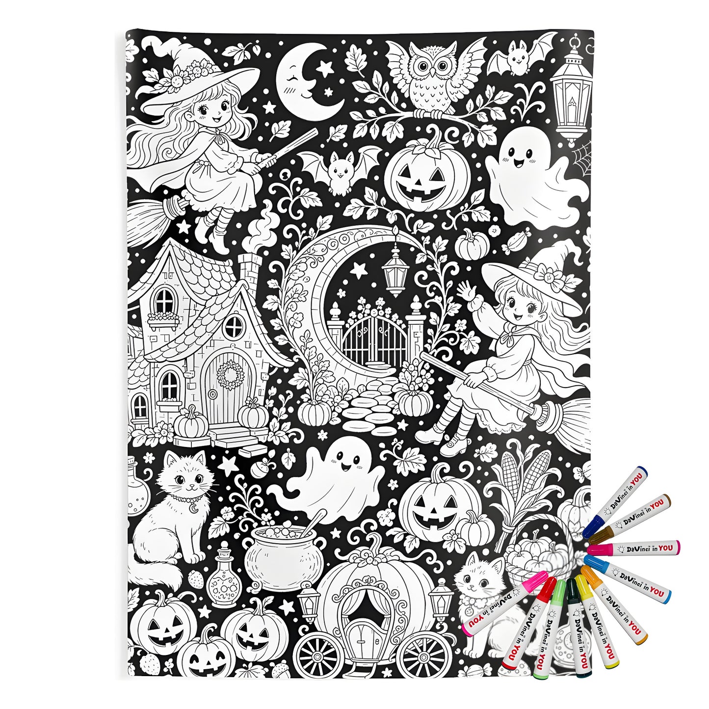 Halloween Witch Magic Indoor Wall Tapestry coloring kit mockup with polyester and graphic print