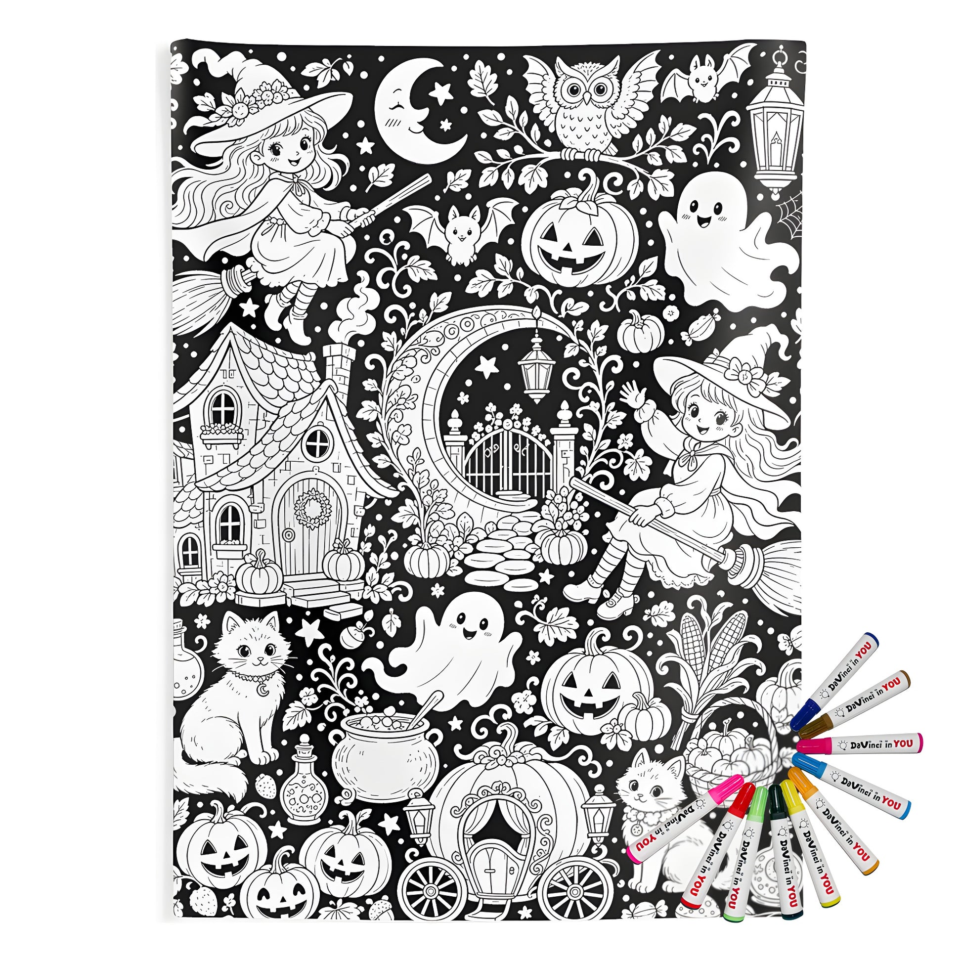 Halloween Witch Magic Indoor Wall Tapestry coloring kit mockup with polyester and graphic print