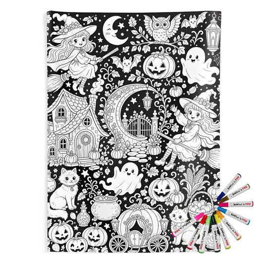Halloween Witch Magic Indoor Wall Tapestry coloring kit mockup with polyester and graphic print