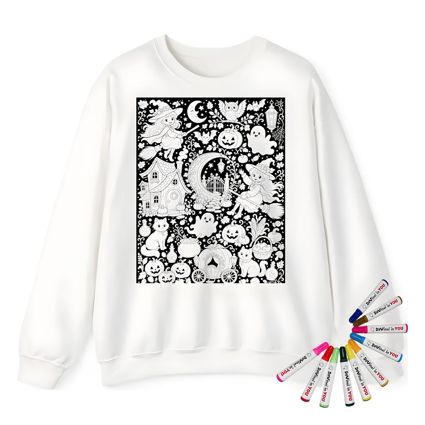 Halloween Witch Magic Adult Crewneck Sweatshirt coloring kit mockup with white base, cotton/polyester blend, and graphic print