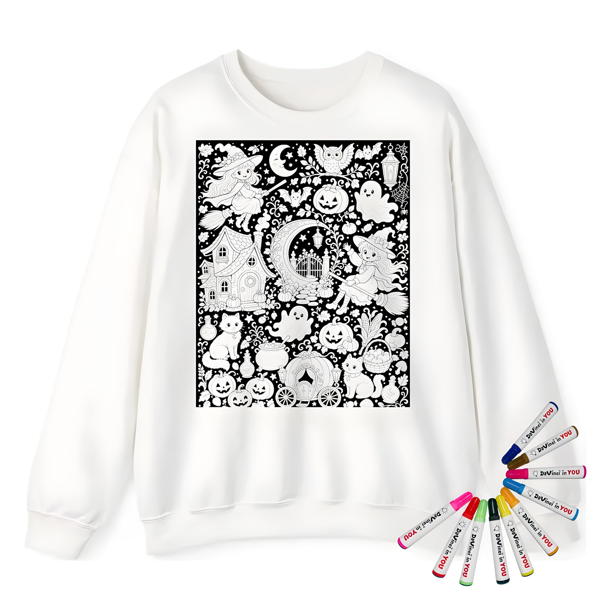 Halloween Witch Magic Adult Crewneck Sweatshirt coloring kit mockup with white base, cotton/polyester blend, and graphic print