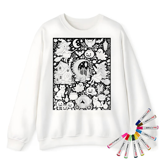 Halloween Witch Magic Adult Crewneck Sweatshirt coloring kit mockup with white base, cotton/polyester blend, and graphic print
