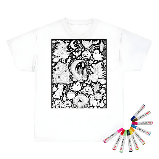 Halloween Witch Magic Kids T-Shirt coloring kit mockup with white base, cotton, and graphic print