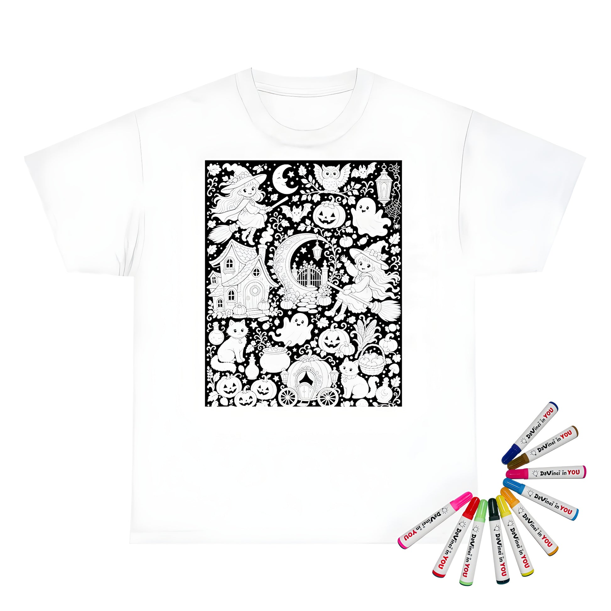 Halloween Witch Magic Unisex T-Shirt coloring kit mockup with white base, cotton, and graphic print