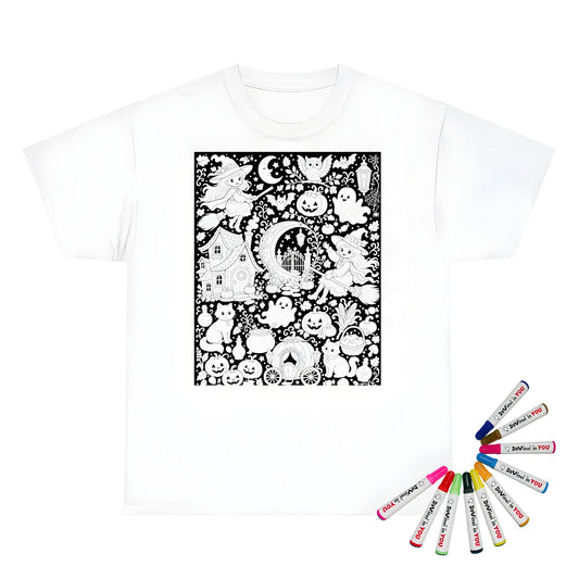 Halloween Witch Magic Unisex T-Shirt coloring kit mockup with white base, cotton, and graphic print