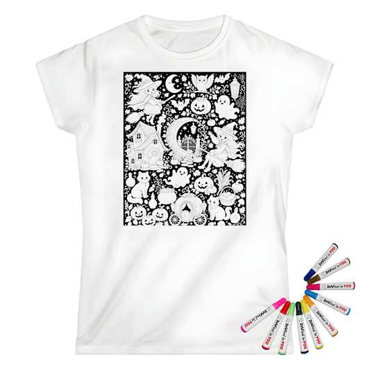 Halloween Witch Magic Womens T-Shirt coloring kit mockup with white base, cotton, and graphic print