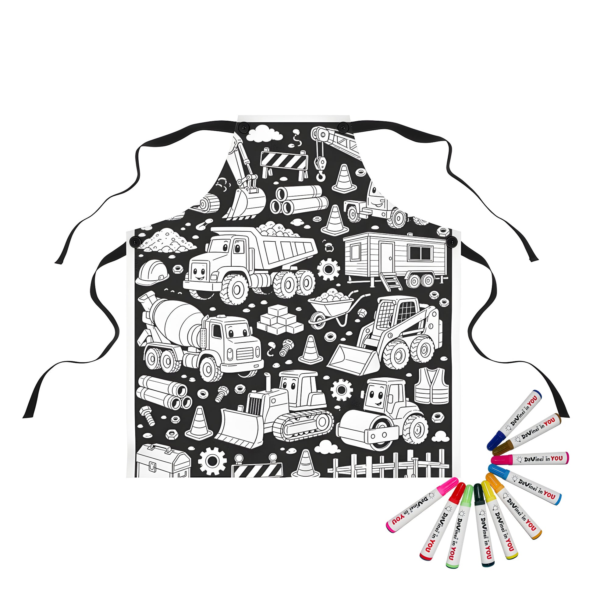 Happy Construction Trucks Apron coloring kit mockup with polyester and graphic print