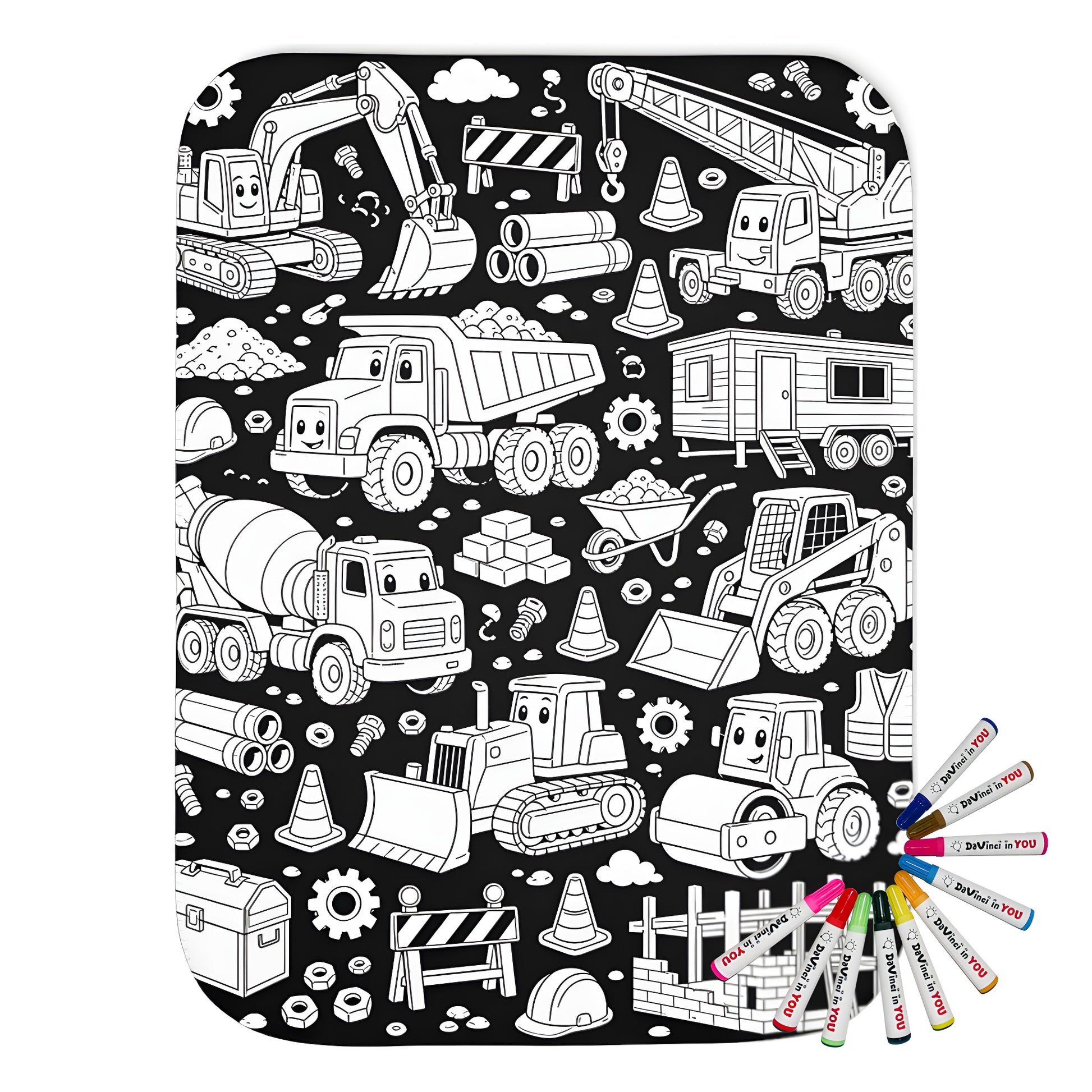 Happy Construction Trucks Sherpa Blanket coloring kit mockup with polyester and graphic print