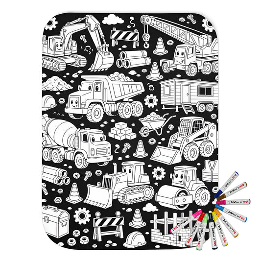 Happy Construction Trucks Sherpa Blanket coloring kit mockup with polyester and graphic print