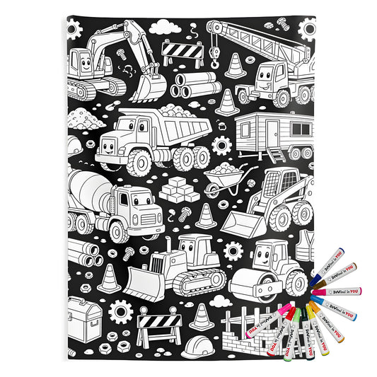 Happy Construction Trucks Indoor Wall Tapestry coloring kit mockup with polyester and graphic print