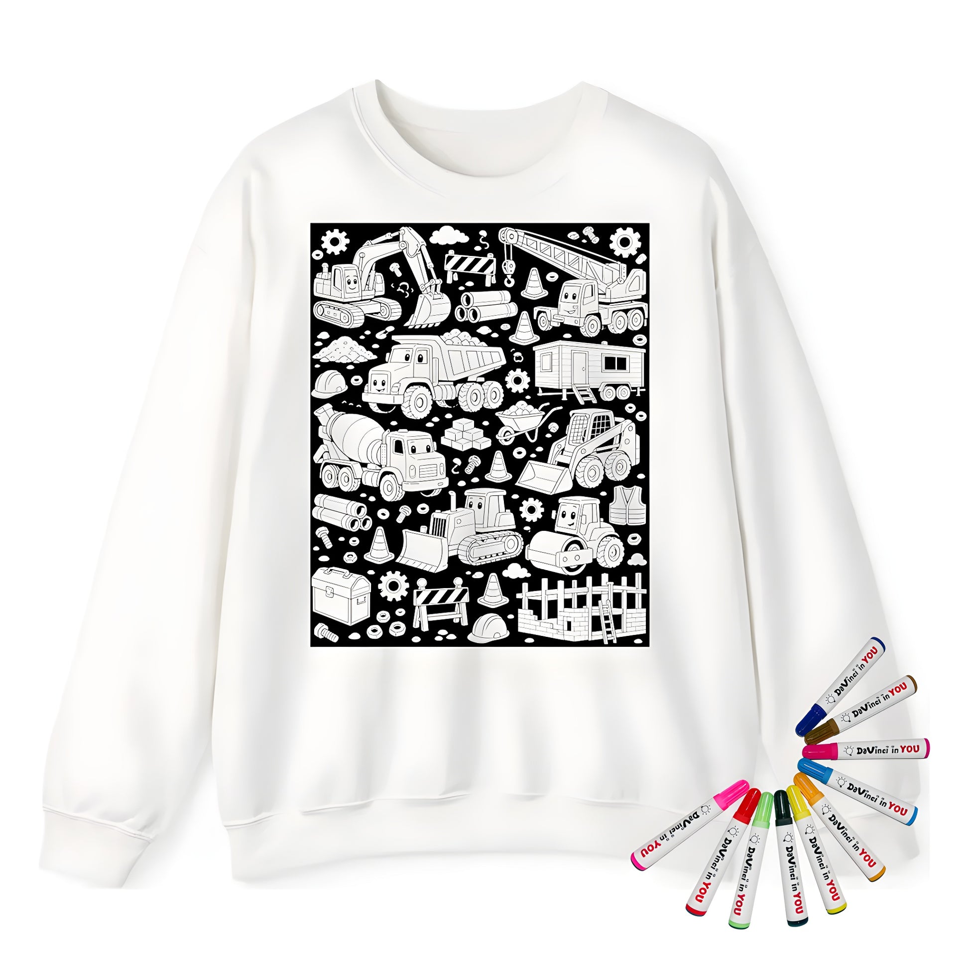 Happy Construction Trucks Adult Crewneck Sweatshirt coloring kit mockup with white base, cotton/polyester blend, and graphic print