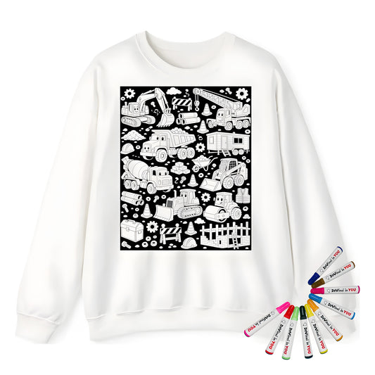 Happy Construction Trucks Adult Crewneck Sweatshirt coloring kit mockup with white base, cotton/polyester blend, and graphic print