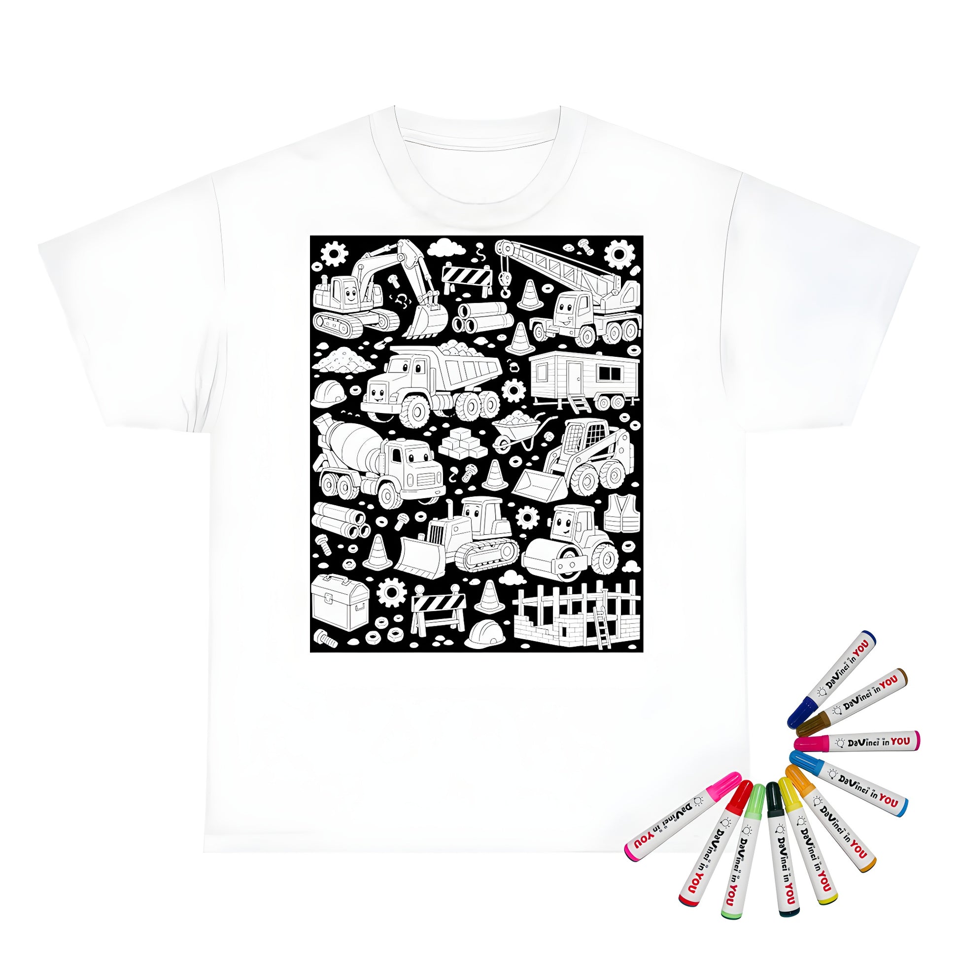 Happy Construction Trucks Kids T-Shirt coloring kit mockup with white base, cotton, and graphic print