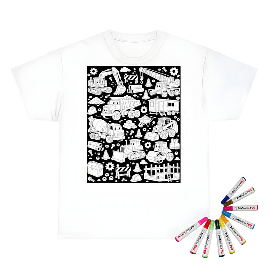 Happy Construction Trucks Kids T-Shirt coloring kit mockup with white base, cotton, and graphic print