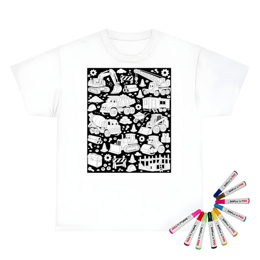 Happy Construction Trucks Unisex T-Shirt coloring kit mockup with white base, cotton, and graphic print