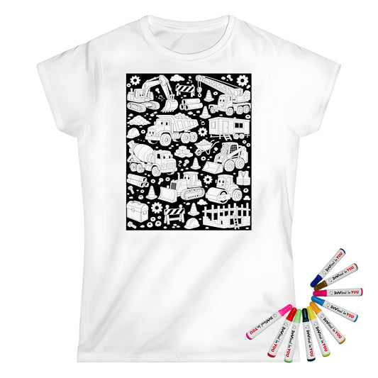 Happy Construction Trucks Womens T-Shirt coloring kit mockup with white base, cotton, and graphic print