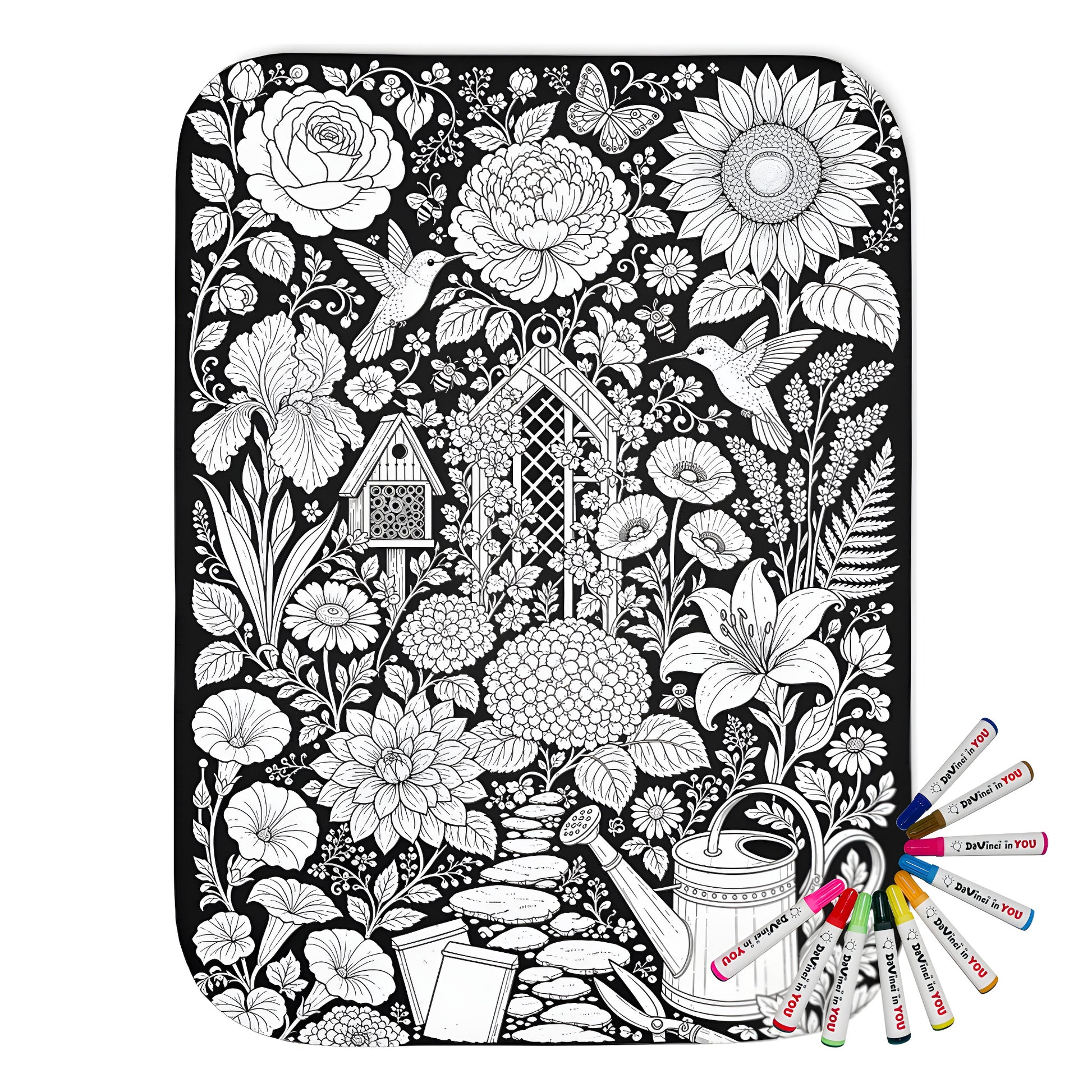 Hummingbird Flower Garden Sherpa Blanket coloring kit mockup with polyester and graphic print