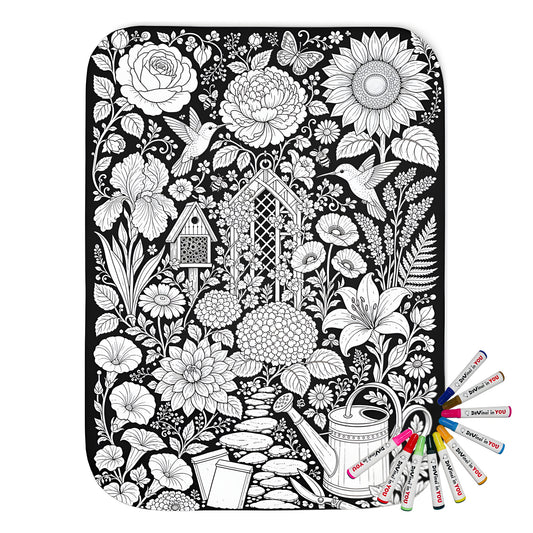 Hummingbird Flower Garden Sherpa Blanket coloring kit mockup with polyester and graphic print